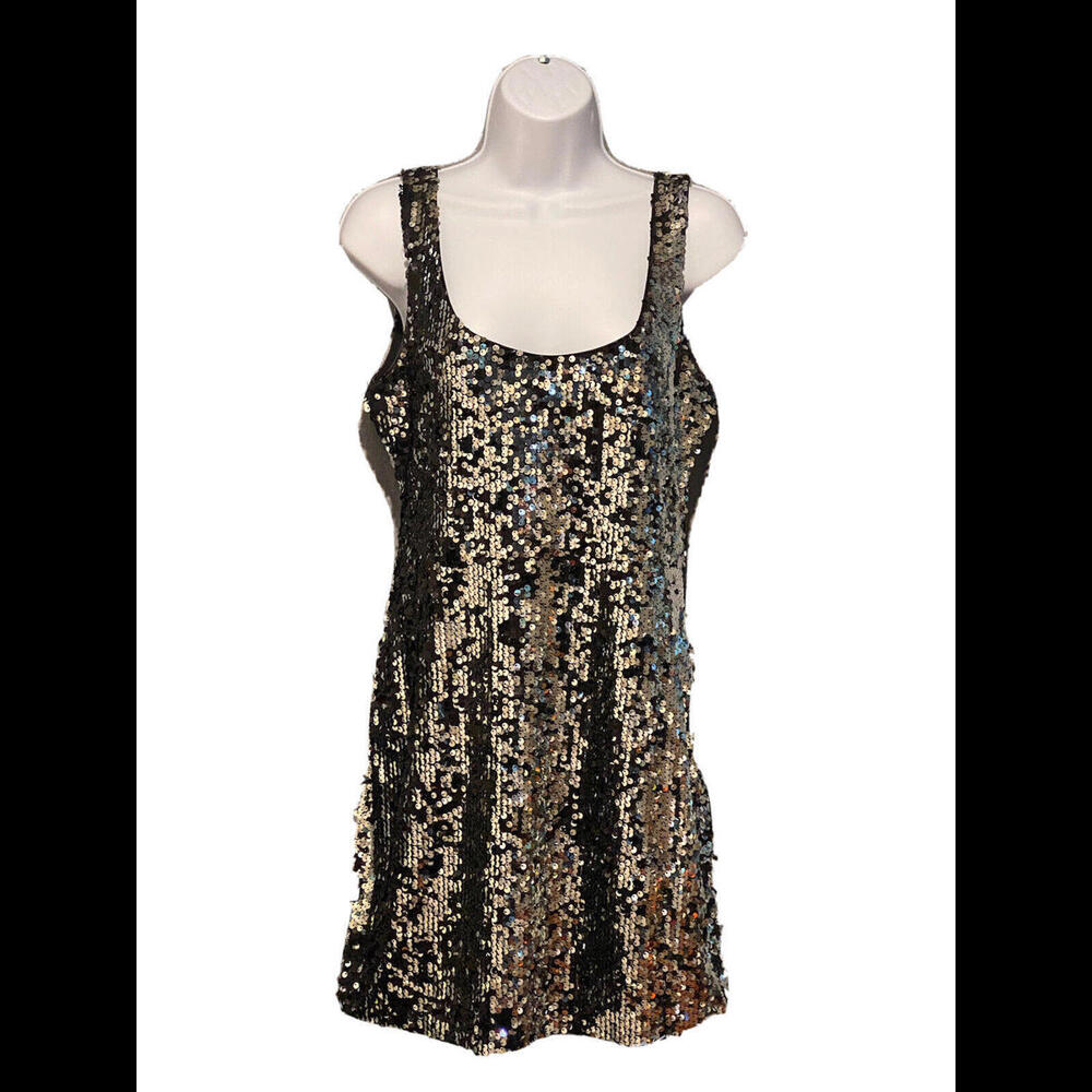Large AUW Silver SEQUIN MINI stretch Dress party GLITZ armpit to armpit 18.5”